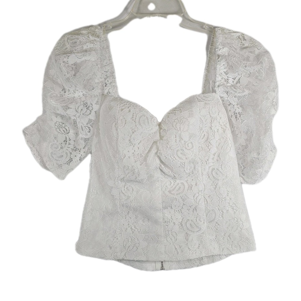 Lulumari Puff Shoulder Lace Crop Top Top‎ SZ Large White Zip Back Y2K Lined EUC